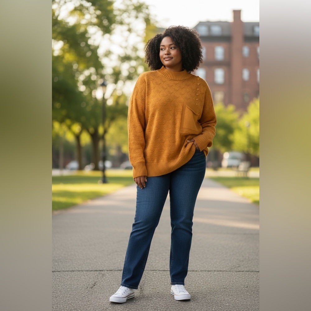(38)Women's Orange Sweater with Button Detail & Pocket Medium/Cotton